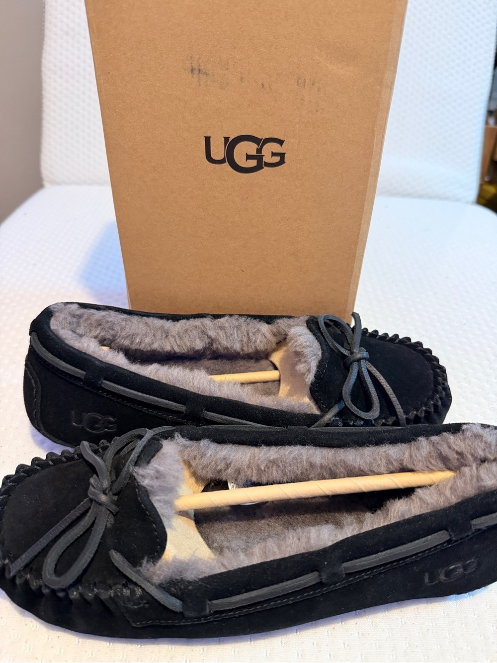 UGG Black Suede Women's Moccasin Slippers with Shearling Lining